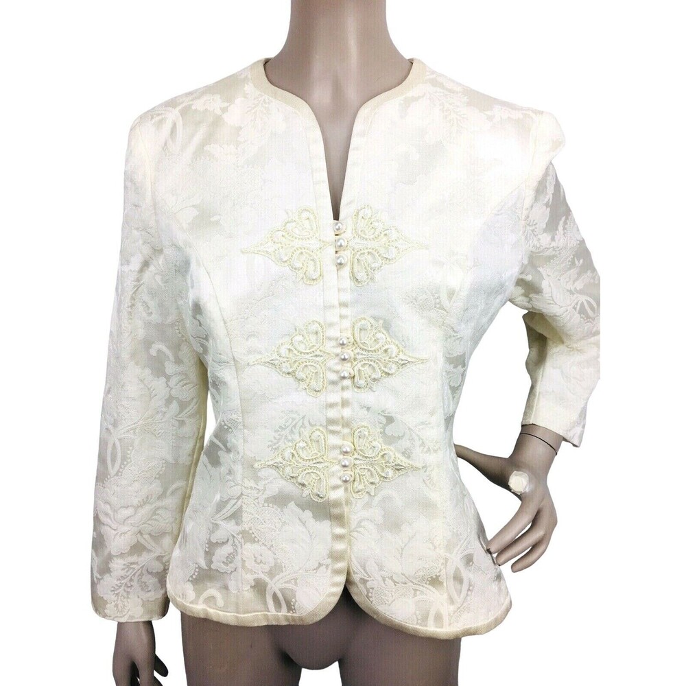 Vintage Brocade Pearl Buttons Embroidered High Shoulder Collarless Formal Jacket